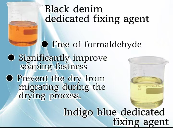 Indigo blue and black denim dedicated fixing agent